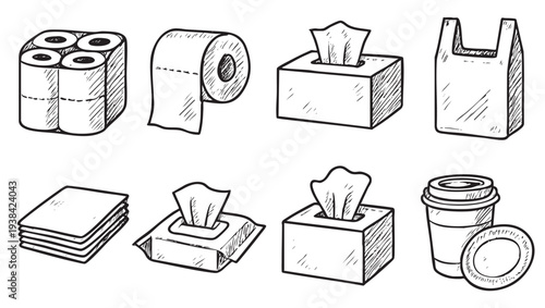 Black and white sketch of sanitation products, including toilet paper, tissues, napkins, plastic bag, and a to-go coffee cup, isolated on a white background.