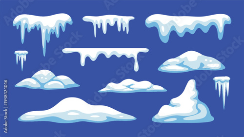 Collection of various snowdrifts, icicles, and snow formations for winter-themed design elements on a blue background