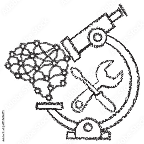 Vector icon of microscope examining neural network brain with repair tools. Dark brown charcoal sketch on transparent background. Concept for AI research, diagnostic analysis and model fine-tuning