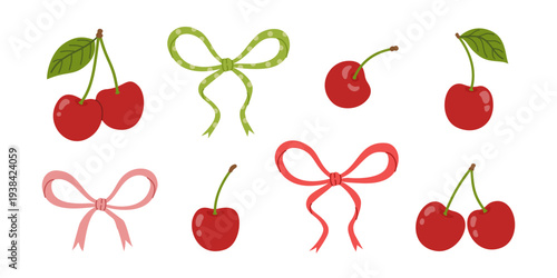 Cherry fruit set with green leaves and сute bows. Sweet ripe berries collection. Garden juicy fresh fruits for summer design. Flat vector illustration.