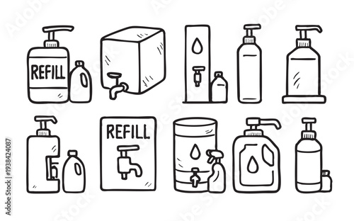 A simple line drawing of refill station products and containers, with a focus on sustainable living and zero waste options, promoting eco-friendly practices and conscious consumption.