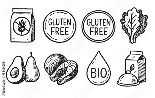 A collection of hand-drawn icons, representing gluten-free products, bio, and healthy foods in a rustic, clean style perfect for packaging or promotion.