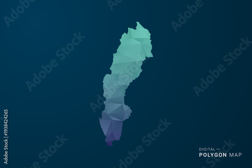 Sweden Map - Polygon Style Vector Illustration with Teal Blue Gradient, Low Poly Geometric Design, Digital and Technology Inspired, Clean Silhouette on Dark Background.