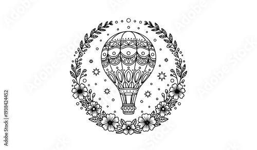 Ornamental hot air balloon with floral frame black and white line art vector illustration isolated on white