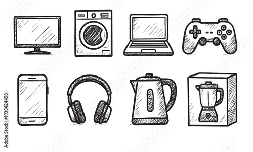 A black and white hand drawn style illustration of home appliances and electronic devices on a white background, useful for infographics and print.