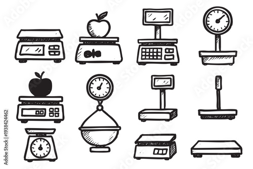 This vector showcases various hand-drawn weighing scales in black and white. Perfect for illustrating concepts of measurement, food preparation, or business processes. The doodle style gives.