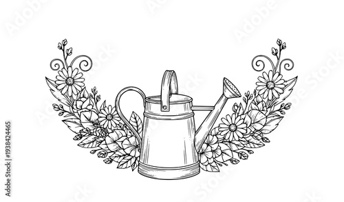 Garden watering can with floral botanical arrangement black and white line art vector illustration