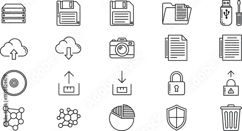 Technology and Data Management Icon Set with Cloud Upload Download, Server Storage, Folder Files, Security Lock, Network Nodes, and Digital System Symbols