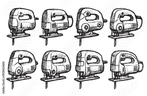 Hand-drawn illustration of electric jigsaws with a rough, sketchy style, creating a unique and slightly vintage feel ideal for DIY, renovation, or construction themed designs.