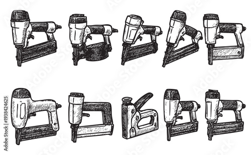 A sketched array of nail guns, tools in black and white creates a vintage, hand-crafted feeling suitable for construction, home improvement, and graphic designs.