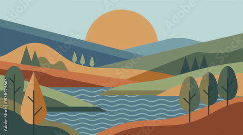 Minimalist landscape illustration with sun, rolling hills, lake, and trees