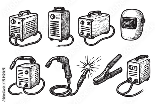 A sketch illustration depicting various welding tools, including welding machines, a welding torch with sparks, cables, and a welding mask on a white background.