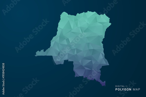 Democratic Republic of the Congo Map - Polygon Style Vector Illustration with Teal Blue Gradient, Low Poly Geometric Design, Digital and Technology Inspired, Clean Silhouette on Dark Background.