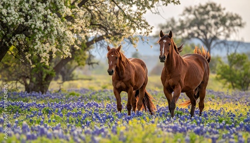 Two brown horses stand in a field of blue wildflowers under trees