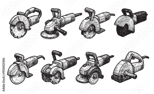 Black and white illustration features multiple angle grinders and cutters in a detailed, hand-drawn style on a white background, perfect for industrial and construction themes.