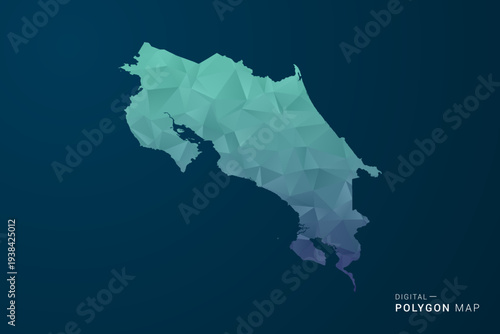 Costa Rica Map - Polygon Style Vector Illustration with Teal Blue Gradient, Low Poly Geometric Design, Digital and Technology Inspired, Clean Silhouette on Dark Background.