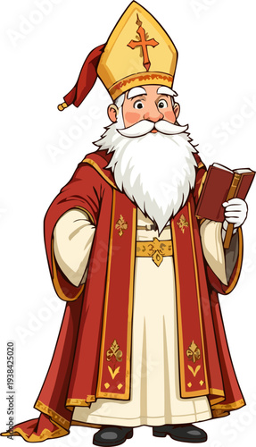 Saint Nicholas Bishop Cartoon Illustration Holding Book, Christian Saint Character in Red Robe and Mitre