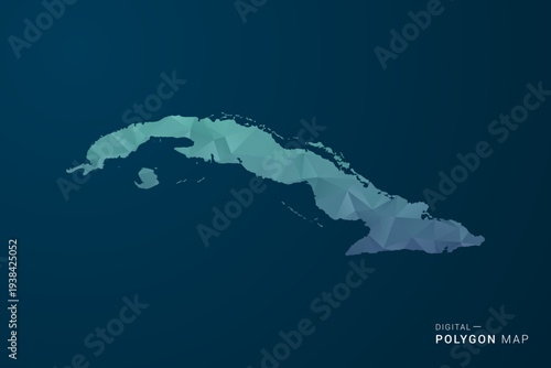 Cuba Map - Polygon Style Vector Illustration with Teal Blue Gradient, Low Poly Geometric Design, Digital and Technology Inspired, Clean Silhouette on Dark Background.