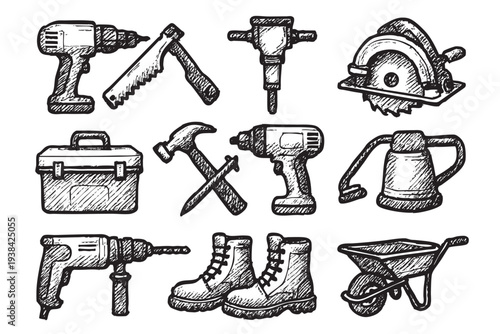 A black and white sketch illustration features various construction tools including drills, saw, hammer, boots and wheelbarrow, suitable for construction or DIY projects.