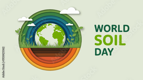 World soil day poster with green earth rainbow and soil layers on light green background