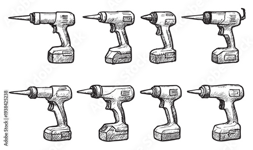 A set of eight hand-drawn cordless drills, in a detailed sketch style, perfect for illustrating DIY, home improvement, or construction concepts with a vintage feel.