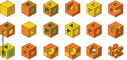 Isometric Cube Construction Set Illustration Showing Modular Block Variations, Geometric Structures, and 3D Puzzle Design Elements