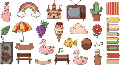 Cute Cartoon Doodle Elements Set Featuring Rainbow, Castle, Umbrella, Ice Cream, Swan, Fish, Cactus, Bench, Music Notes, and Retro TV