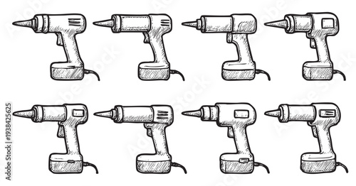 Black and white hand-drawn seamless pattern of electric drills, perfect for backgrounds, DIY projects, or construction-themed designs with a simple, illustrative style.