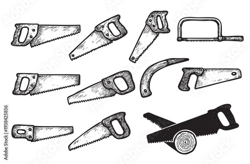 A collection of hand drawn saws of various types is set against a white background, perfect for a construction, carpentry, DIY, or vintage design.