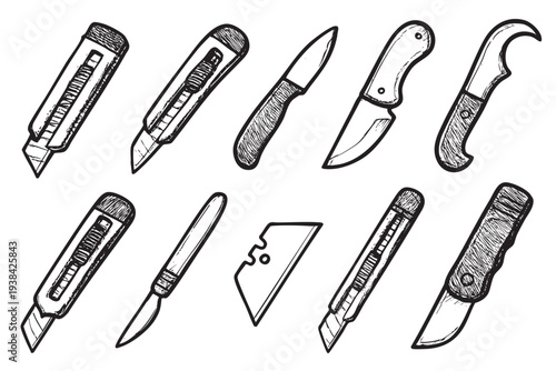 Hand-drawn illustration featuring different types of knives in black ink, perfect for graphics, tutorials, or DIY project instructions.