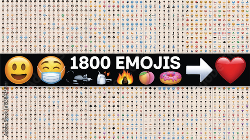 Collection of 1800 diverse emojis including faces, objects, and symbols leading to a heart, symbolizing communication and connection