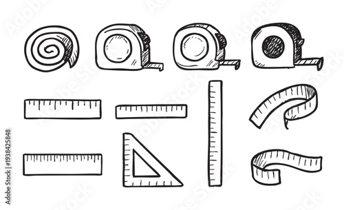 Hand-drawn sketch of various measuring tools including tape measures, rulers, and a sewing measuring tape, isolated on a clean white background, ideal for DIY or design projects.