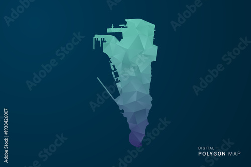 Gibraltar Map - Polygon Style Vector Illustration with Teal Blue Gradient, Low Poly Geometric Design, Digital and Technology Inspired, Clean Silhouette on Dark Background.