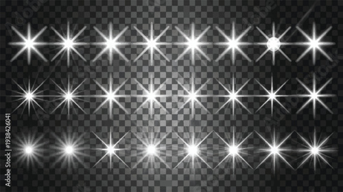 Set of various bright starbursts, lens flares, and optical light effects, perfect for adding luminous sparkle and glow to creative visual designs