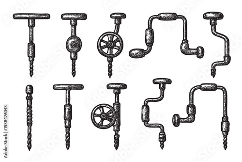 A black and white illustration showcasing a collection of different vintage hand drills, perfect for themes of craftsmanship, history, and DIY projects.