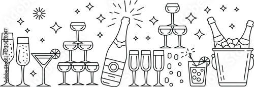 Champagne Celebration Party Set with Popping Bottle, Sparkles, Cocktail Glasses and Ice Bucket Line Art
