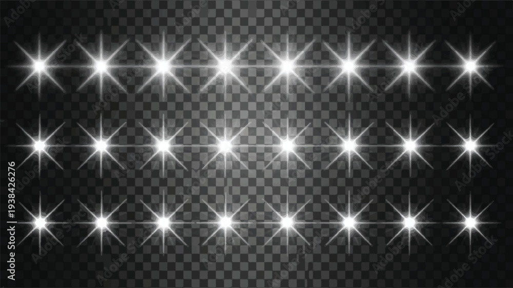 Obraz premium Collection of bright white starbursts or lens flares on a transparent background representing light effects and flashes