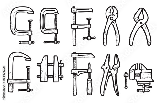 Black and white sketches of hand tools including various clamps, pliers, and a vise, creating a textured illustration for handyman or construction themes.