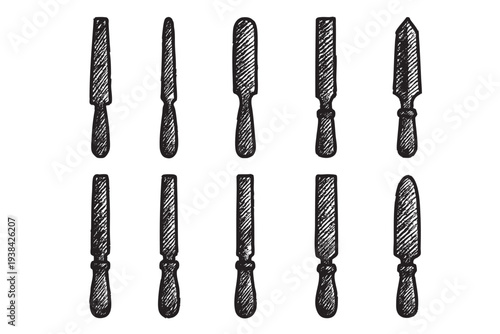 Collection of ten hand-drawn spatula illustrations on a white background, perfect for illustrating cooking, food preparation, and baking concepts. The set shows different types of spatulas.