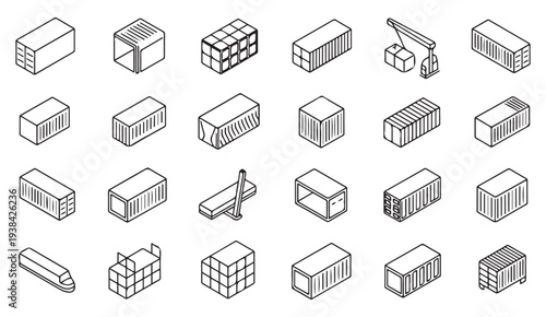 Parcel and Delivery Box Isometric Outline Icon Collection
