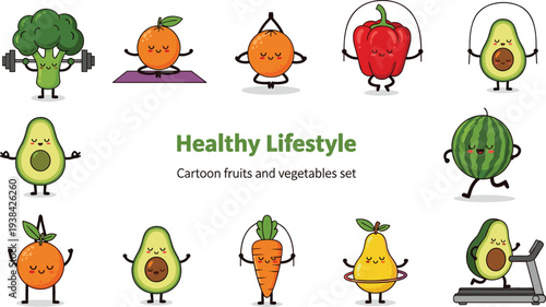 Cute Kawaii fruit and vegetable characters exercising with yoga poses weightlifting jumping rope and running on treadmill for healthy lifestyle concept