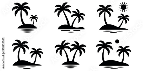 Tropical Island and Palm Tree Icon Set with Summer Beach and Travel Symbols Vector Illustration.