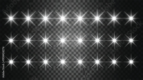 Collection of bright white starbursts or lens flares on a transparent background representing light effects and flashes