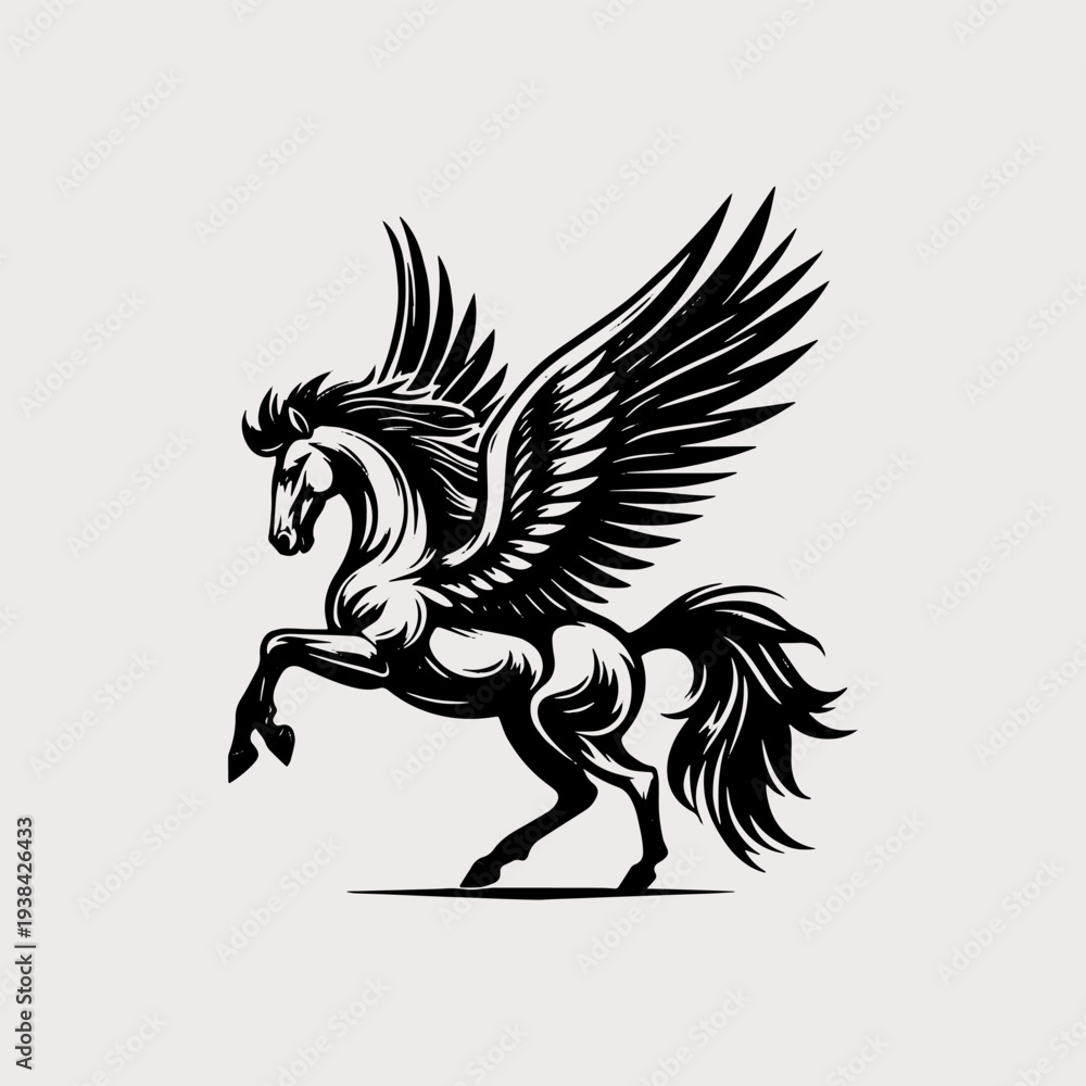 Fototapeta premium Black and White Pegasus Rearing Illustration