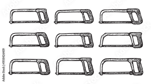 A hand-drawn illustration shows nine saws arranged on a white background, perfect for tool-themed designs, construction imagery or illustrating home repair.