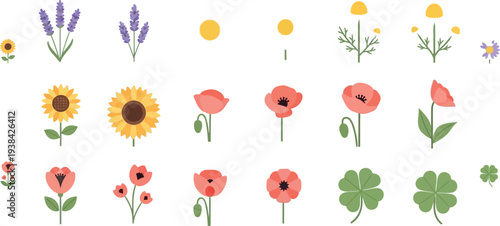 Collection of various colorful stylized spring and summer flower icons arranged on white grid