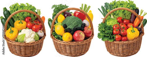 Fresh fruits and vegetables, wicker baskets, healthy eating, nutrition, organic produce, grocery shopping, gardening harvest, colorful food assortment, vector illustration