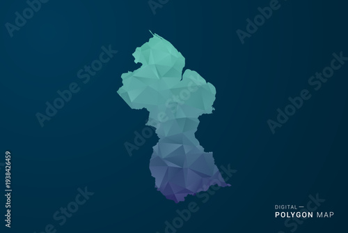 Guyana Map - Polygon Style Vector Illustration with Teal Blue Gradient, Low Poly Geometric Design, Digital and Technology Inspired, Clean Silhouette on Dark Background.