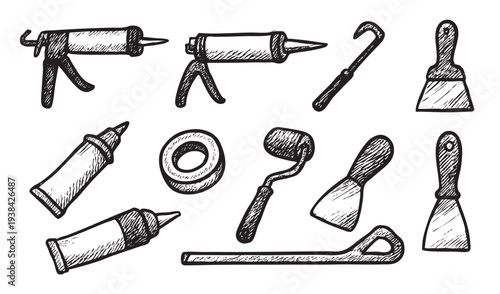 A set of hand-drawn style black and white vector illustrations shows various home repair and construction tools for DIY projects on a clean white background.