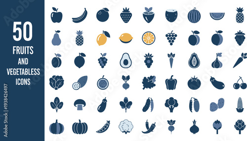 Large collection of fifty minimalist fruit and vegetable icons in flat blue and yellow style for healthy food app design or menu